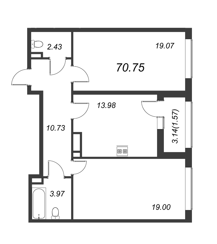 2-комнатная квартира, 70.6 м² - планировка, фото №1