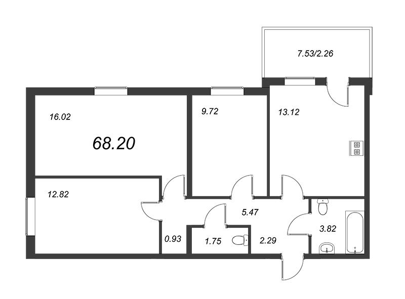 3-комнатная квартира, 65.94 м² в ЖК "Юттери" - планировка, фото №1