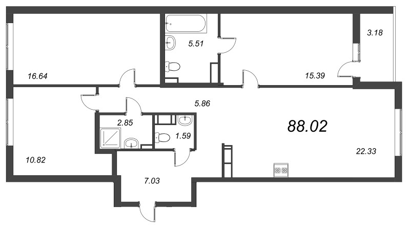 4-комнатная (Евро) квартира, 88.02 м² в ЖК "Чёрная речка от Ильича" - планировка, фото №1