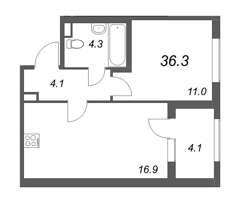 2-комнатная (Евро) квартира, 36.3 м² - планировка, фото №1