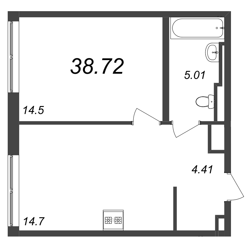 1-комнатная квартира, 38.72 м² - планировка, фото №1