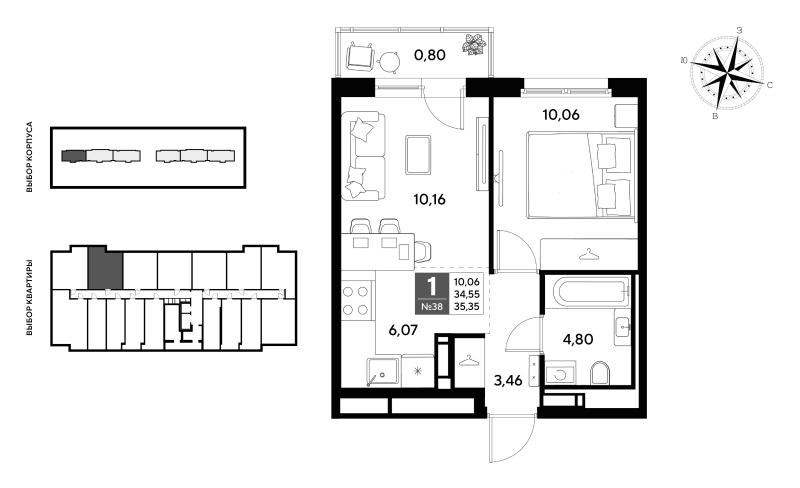 2-комнатная (Евро) квартира, 35.35 м² в ЖК "Догма Юкки" - планировка, фото №1