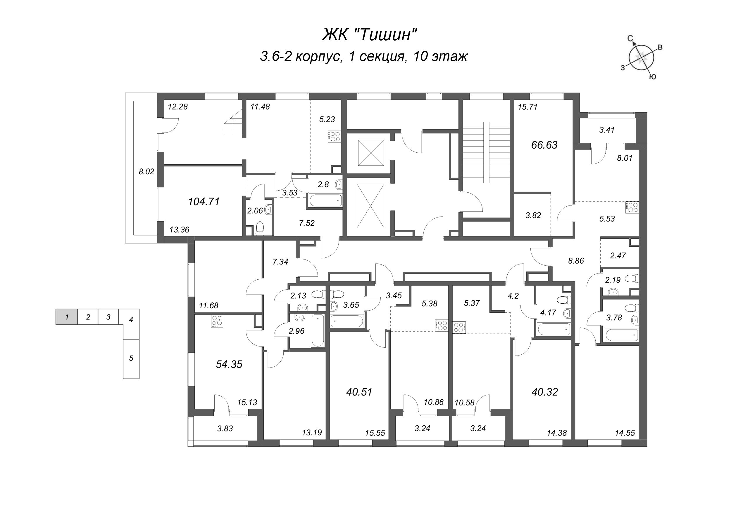 2-комнатная (Евро) квартира, 40.32 м² в ЖК "Тишин" - планировка этажа