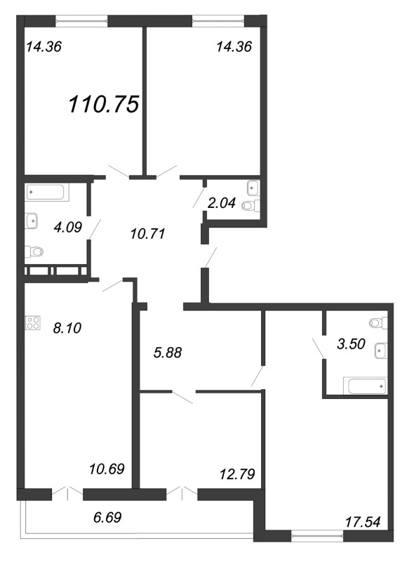 5-комнатная (Евро) квартира, 107.4 м² - планировка, фото №1