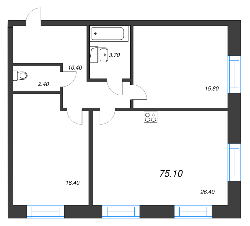 2-комнатная (Евро) квартира, 75.1 м² в ЖК "Neva Haus" - планировка, фото №1