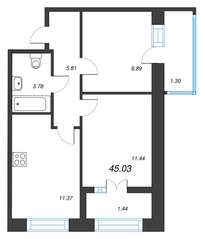 2-комнатная квартира, 45.03 м² в ЖК "Капральский берег" - планировка, фото №1