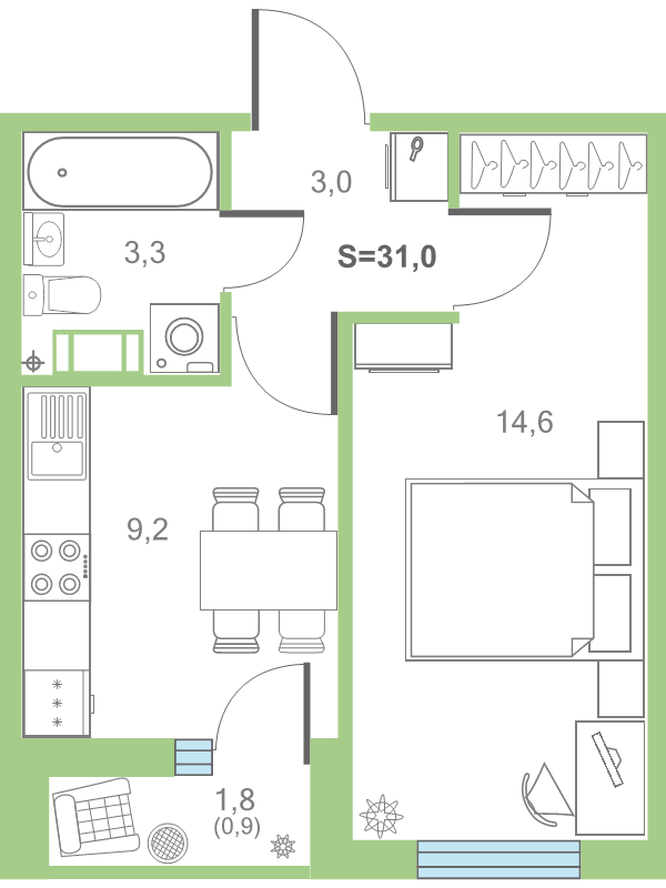 1-комнатная квартира, 31.6 м² - планировка, фото №1