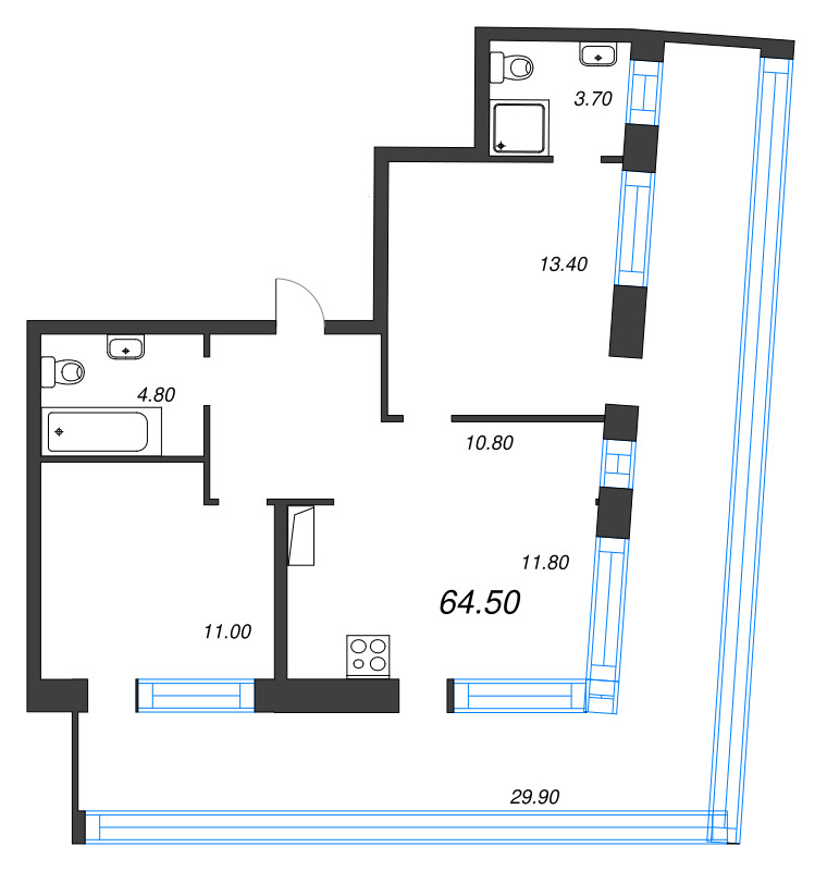 2-комнатная квартира, 64.5 м² в ЖК "ЛДМ" - планировка, фото №1