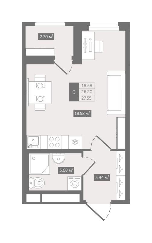 Квартира-студия, 27.55 м² в ЖК "Квартал «Воронцовский»" - планировка, фото №1