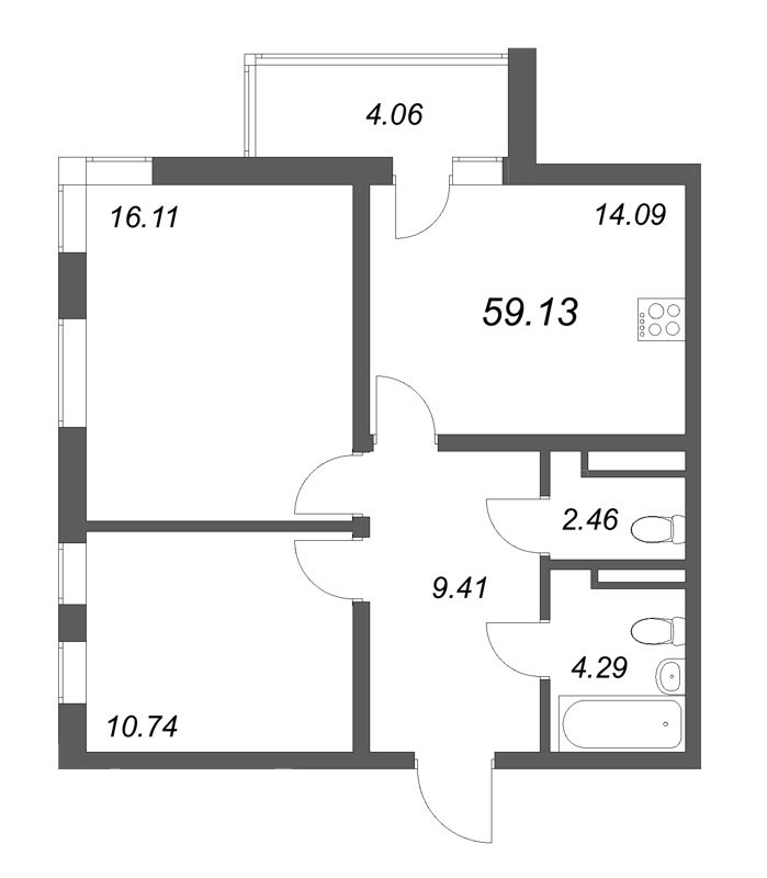 2-комнатная квартира, 59.13 м² - планировка, фото №1