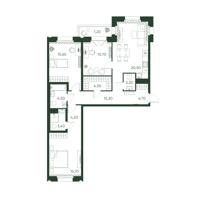 4-комнатная (Евро) квартира, 97.4 м² в ЖК "Моисеенко 10" - планировка, фото №1