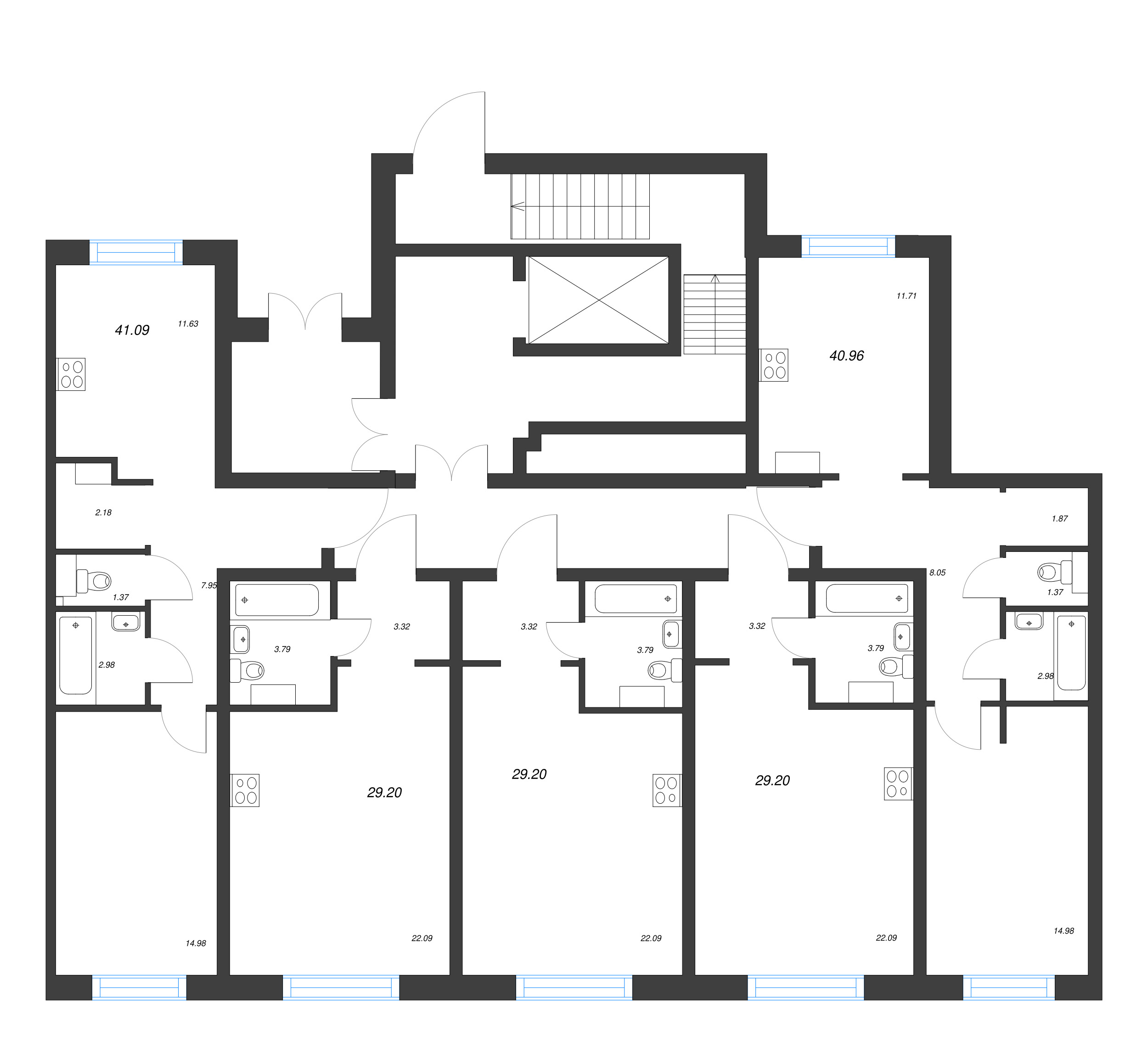 1-комнатная квартира, 41.09 м² - планировка этажа