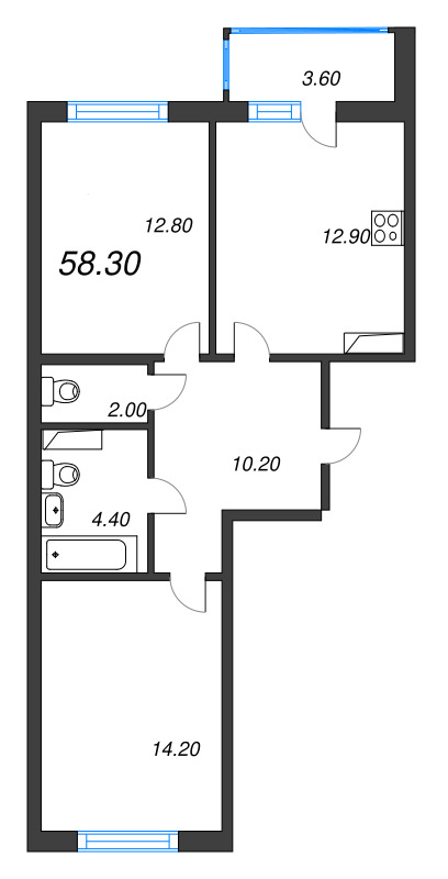 2-комнатная квартира, 58.3 м² - планировка, фото №1