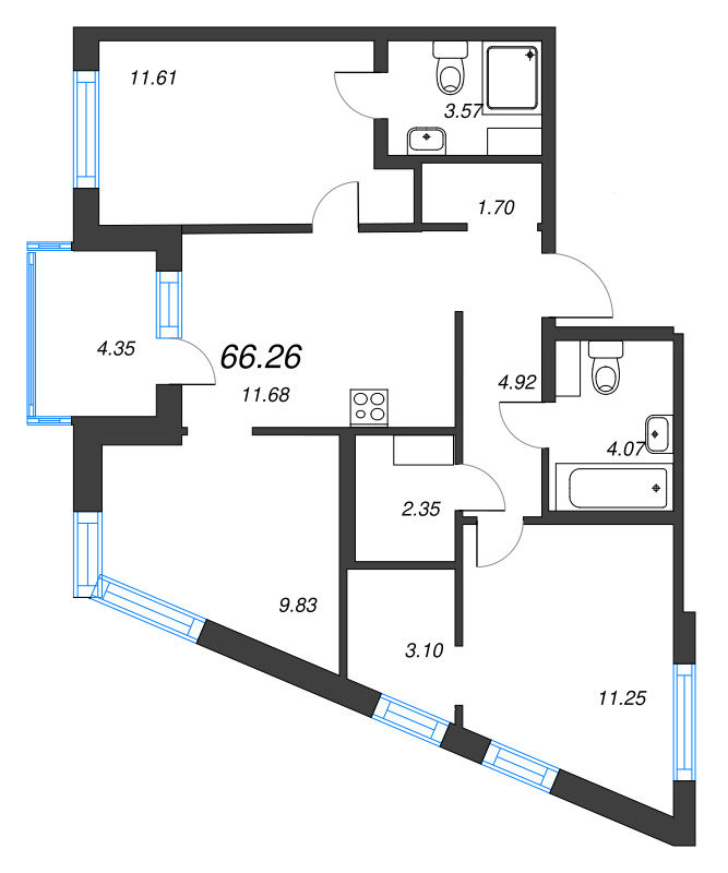 3-комнатная квартира, 66.26 м² - планировка, фото №1