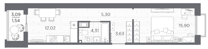 1-комнатная квартира, 42.71 м² в ЖК "Респект" - планировка, фото №1