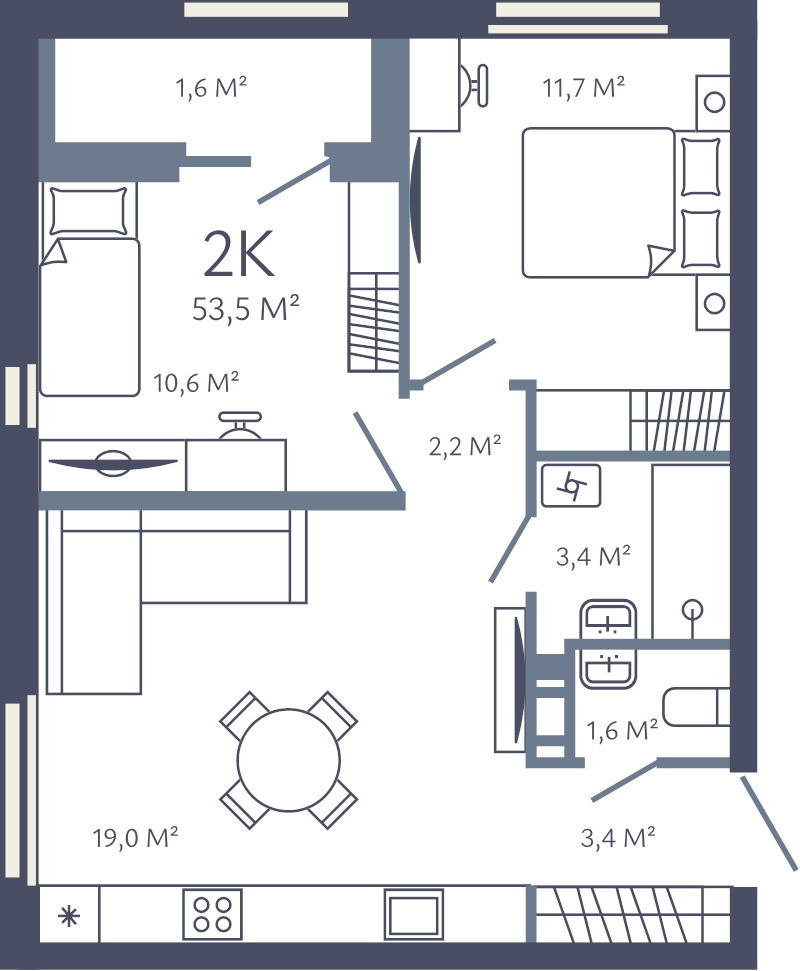 3-комнатная (Евро) квартира, 53.5 м² в ЖК "Лендлер" - планировка, фото №1