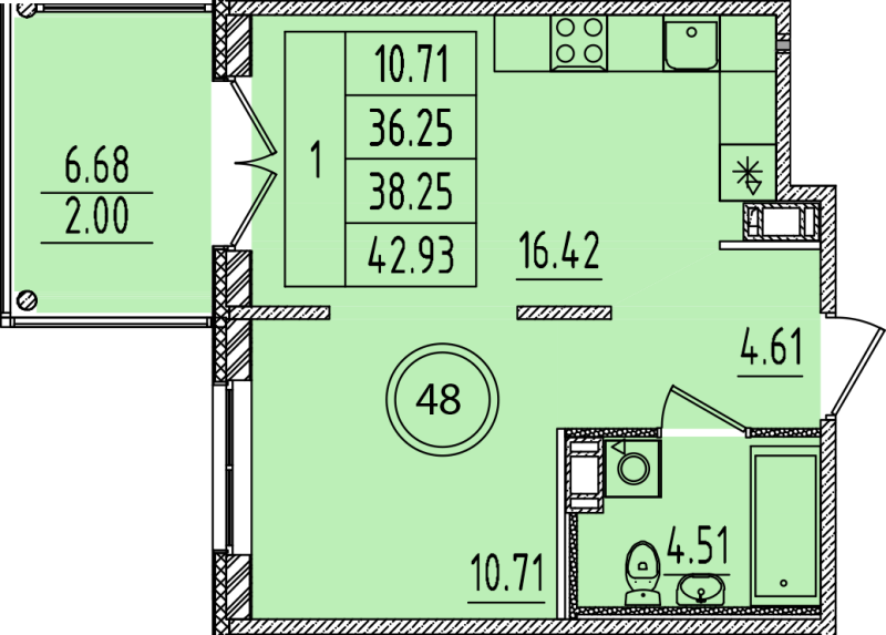 2-комнатная (Евро) квартира, 36.25 м² - планировка, фото №1