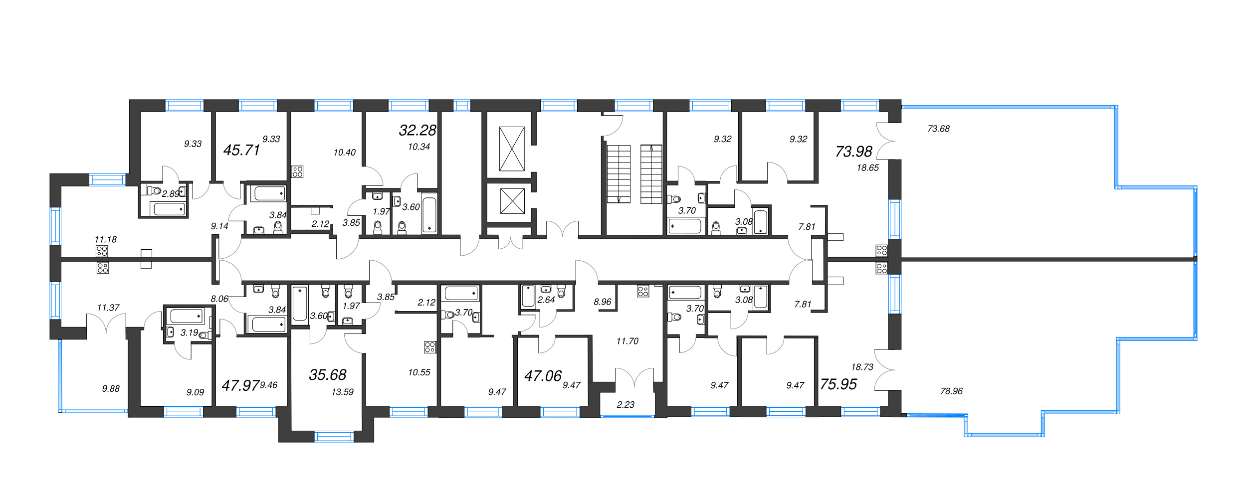 3-комнатная (Евро) квартира, 45.71 м² в ЖК "Alpen" - планировка этажа