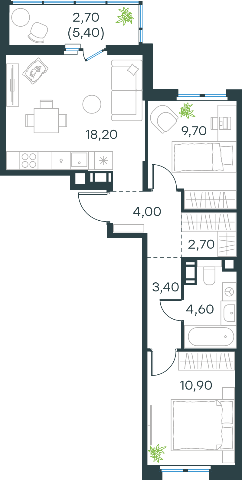 3-комнатная (Евро) квартира, 56.2 м² в ЖК "Левел Мечникова" - планировка, фото №1