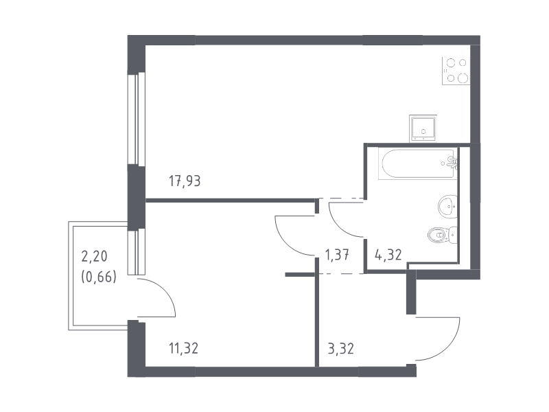 2-комнатная (Евро) квартира, 38.92 м² - планировка, фото №1