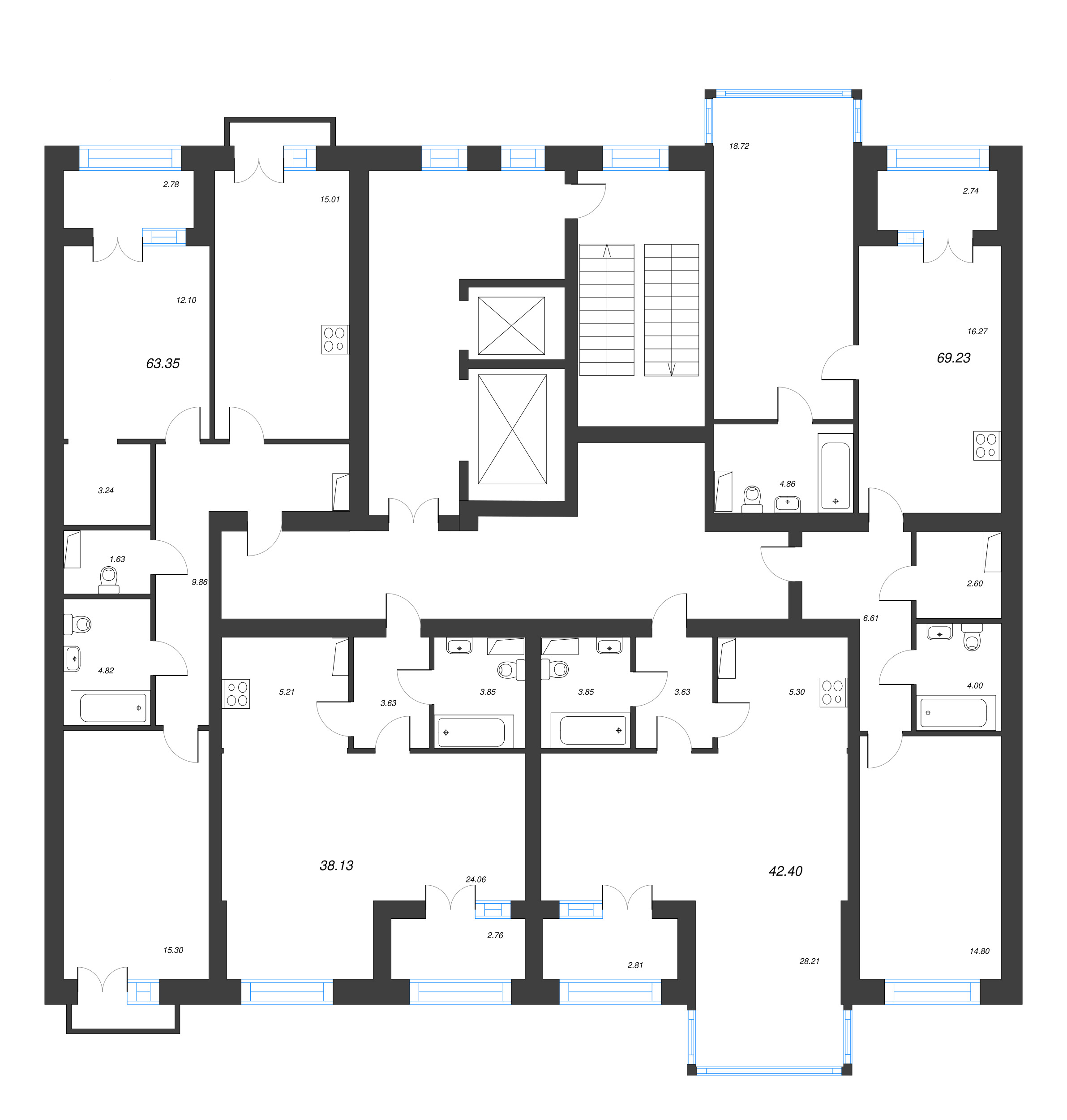 1-комнатная квартира, 42.4 м² - планировка этажа