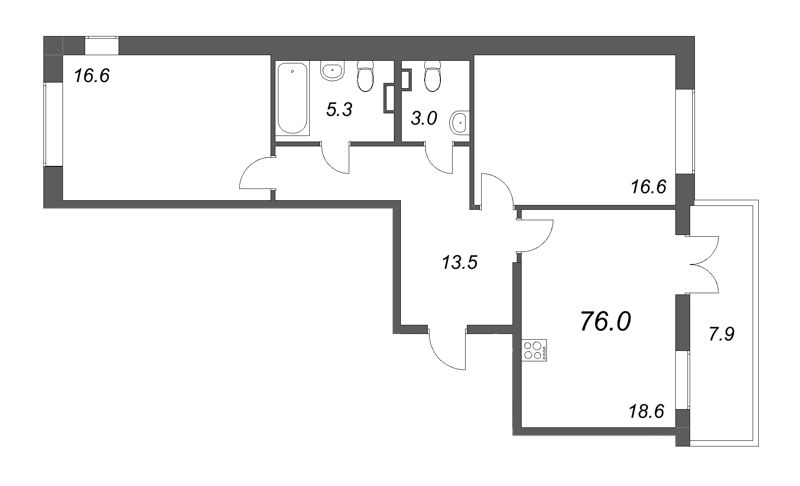 3-комнатная (Евро) квартира, 76 м² - планировка, фото №1