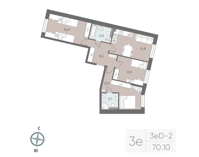 4-комнатная (Евро) квартира, 70.1 м² в ЖК "Большая Охта" - планировка, фото №1