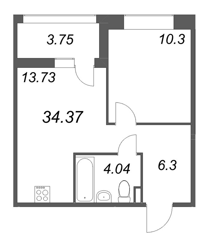 1-комнатная квартира, 34.37 м² в ЖК "Ультра Сити 3.0" - планировка, фото №1