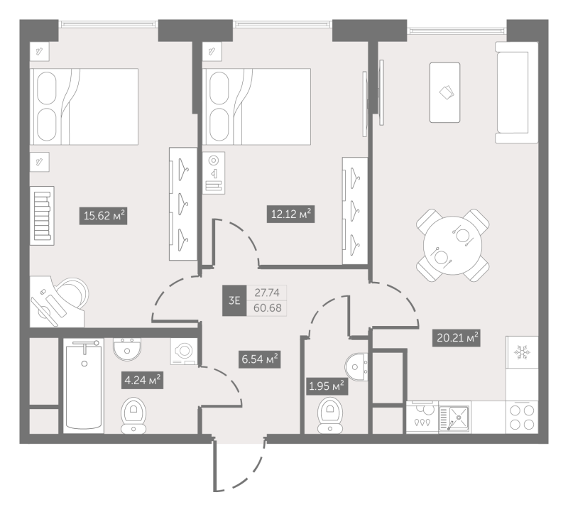 3-комнатная (Евро) квартира, 60.68 м² - планировка, фото №1