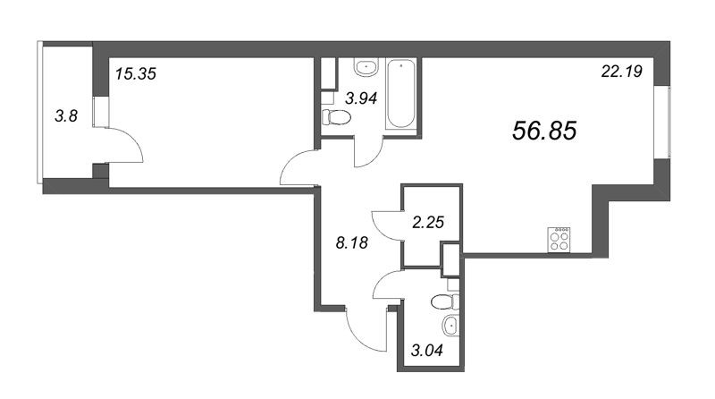 2-комнатная (Евро) квартира, 56.2 м² в ЖК "Ю Гатчина" - планировка, фото №1