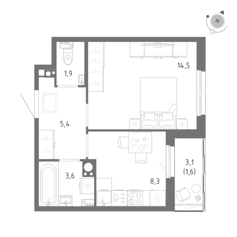 1-комнатная квартира, 35.3 м² в ЖК "Клюква.Парк" - планировка, фото №1