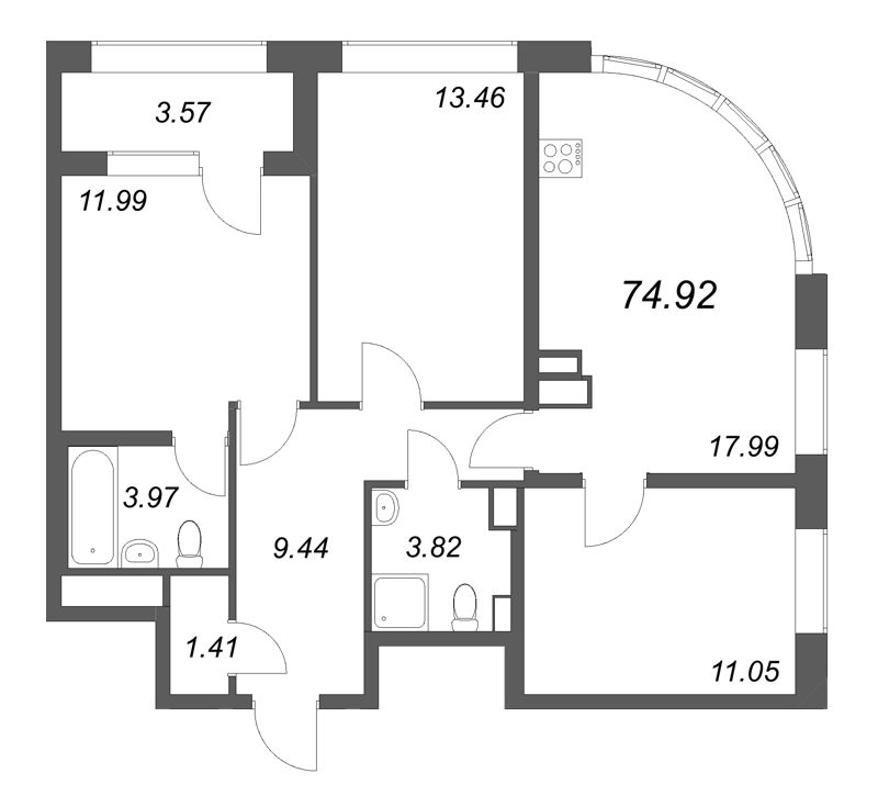 4-комнатная (Евро) квартира, 74.92 м² в ЖК "Аурум" - планировка, фото №1