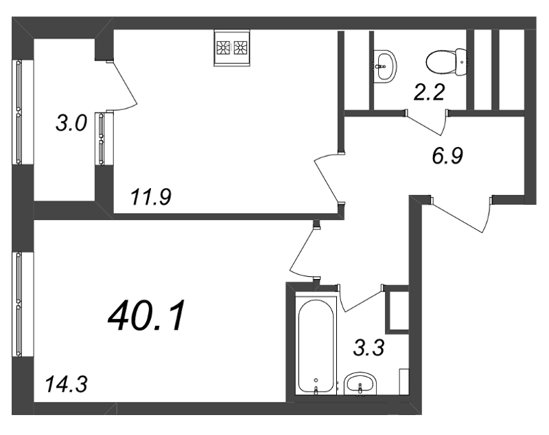 1-комнатная квартира, 40.1 м² - планировка, фото №1