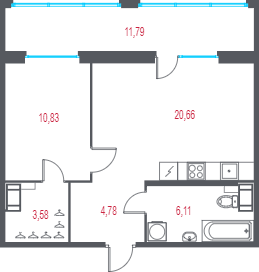 2-комнатная (Евро) квартира, 49.5 м² в ЖК "Город-спутник Южный" - планировка, фото №1