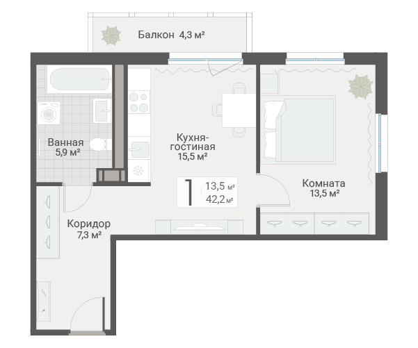 2-комнатная (Евро) квартира, 42.2 м² в ЖК "Руднева 15" - планировка, фото №1