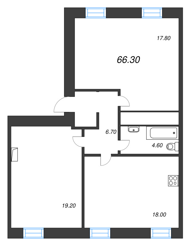 2-комнатная квартира, 68.9 м² в ЖК "Крона" - планировка, фото №1