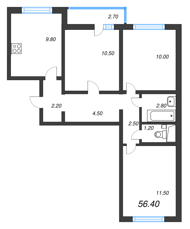 3-комнатная квартира, 56.4 м² - планировка, фото №1