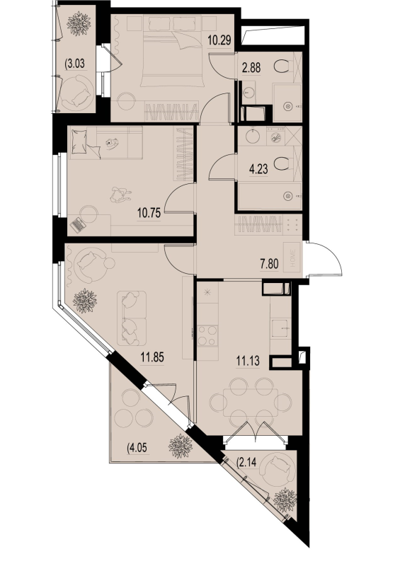 3-комнатная квартира, 62.73 м² - планировка, фото №1