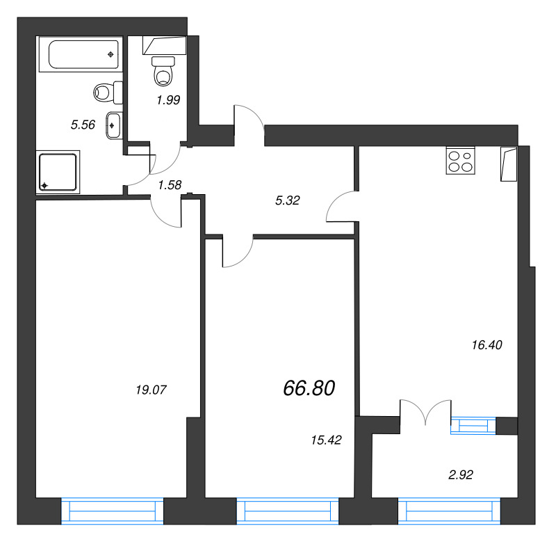 3-комнатная (Евро) квартира, 68 м² в ЖК "Наука" - планировка, фото №1