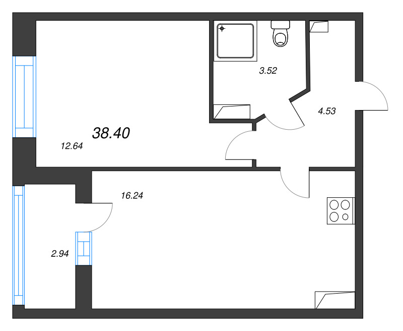 2-комнатная (Евро) квартира, 38.4 м² - планировка, фото №1