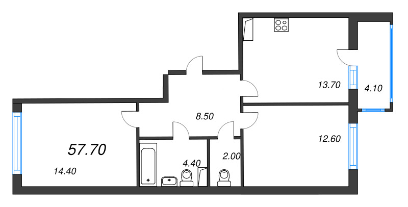 2-комнатная квартира, 57.7 м² - планировка, фото №1