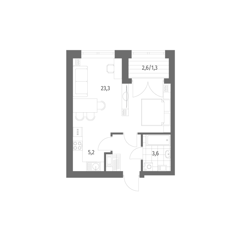 1-комнатная квартира, 37.21 м² - планировка, фото №1