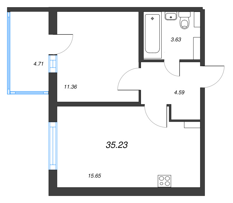 2-комнатная (Евро) квартира, 35.23 м² - планировка, фото №1