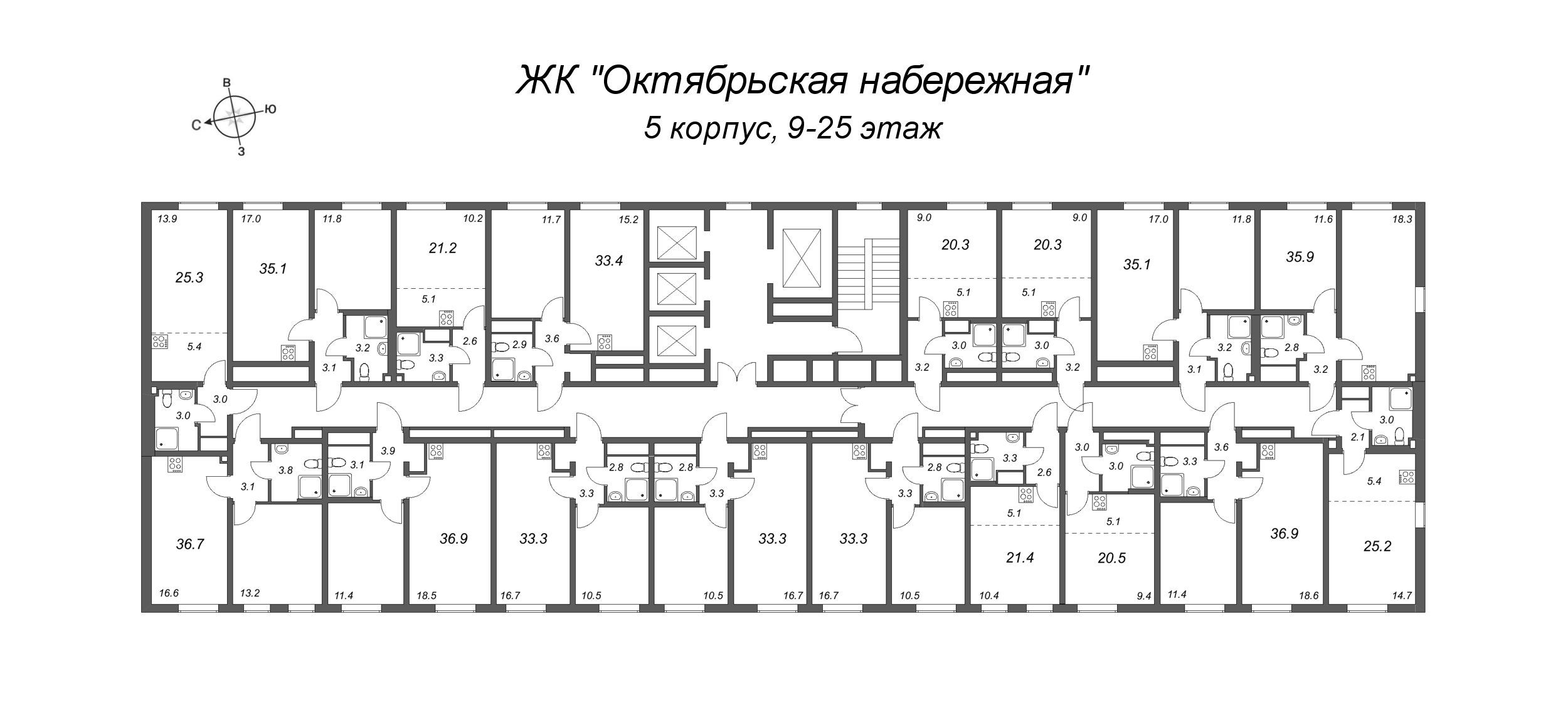 2-комнатная (Евро) квартира, 33.4 м² в ЖК "Октябрьская набережная" - планировка этажа
