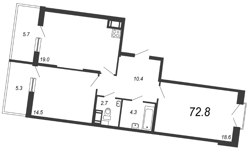 2-комнатная квартира, 72.8 м² - планировка, фото №1