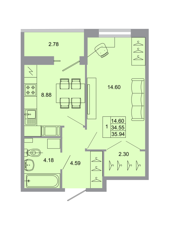 1-комнатная квартира, 35 м² в ЖК "Стороны света" - планировка, фото №1