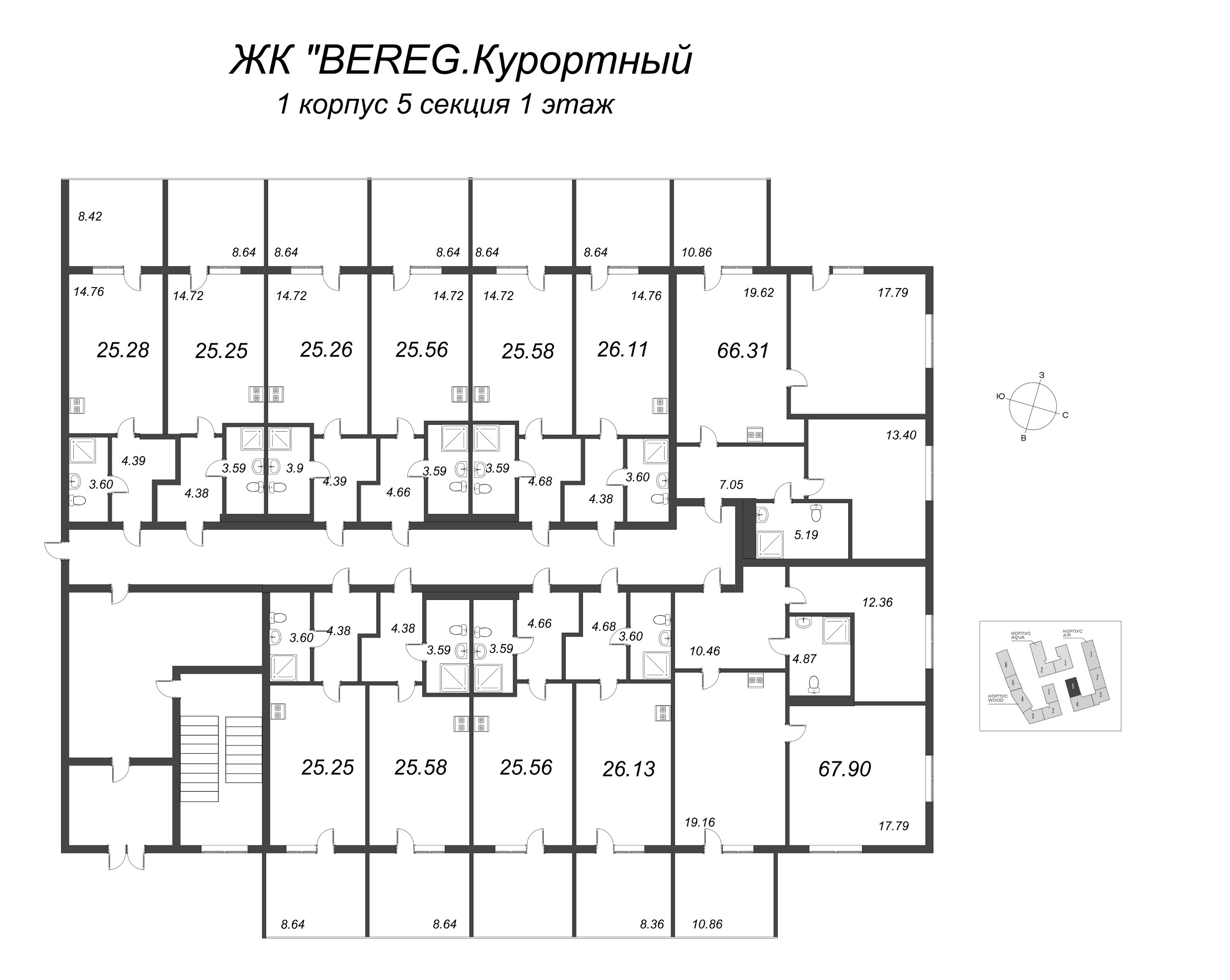 3-комнатная (Евро) квартира, 66.31 м² в ЖК "Bereg. Курортный" - планировка этажа