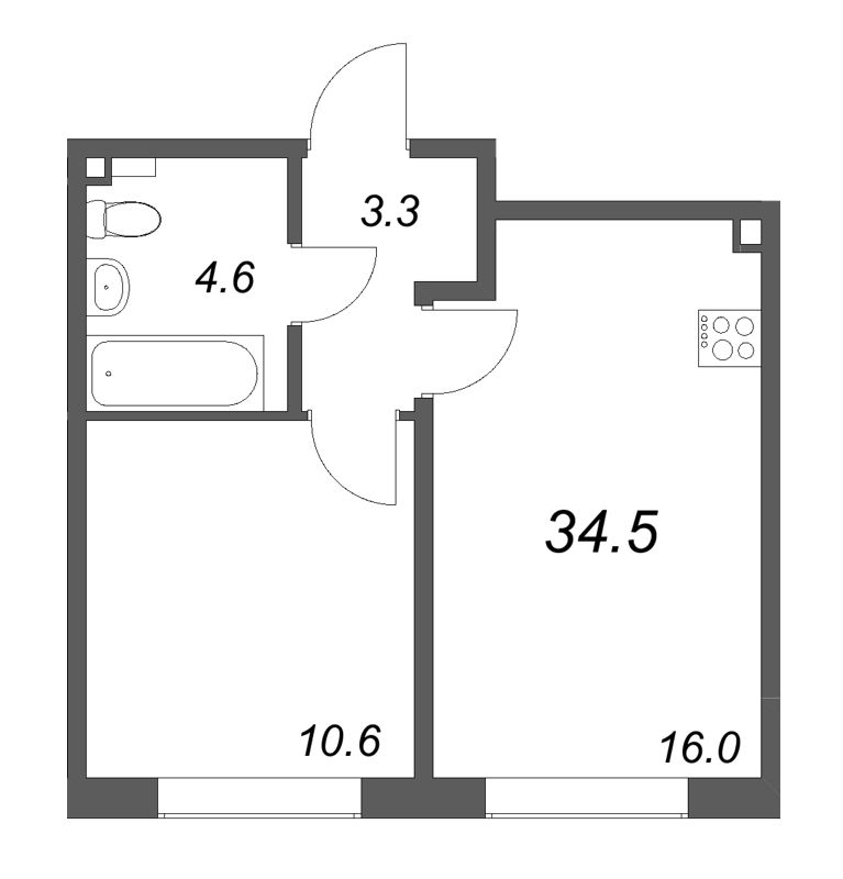 2-комнатная (Евро) квартира, 34.5 м² в ЖК "Пулково Lake" - планировка, фото №1