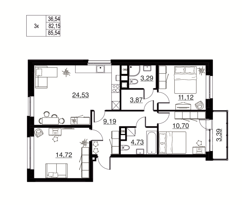 4-комнатная (Евро) квартира, 85.54 м² в ЖК "Соло. Петергоф" - планировка, фото №1