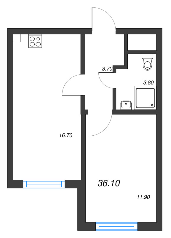 2-комнатная (Евро) квартира, 36.1 м² в ЖК "Ручьи" - планировка, фото №1
